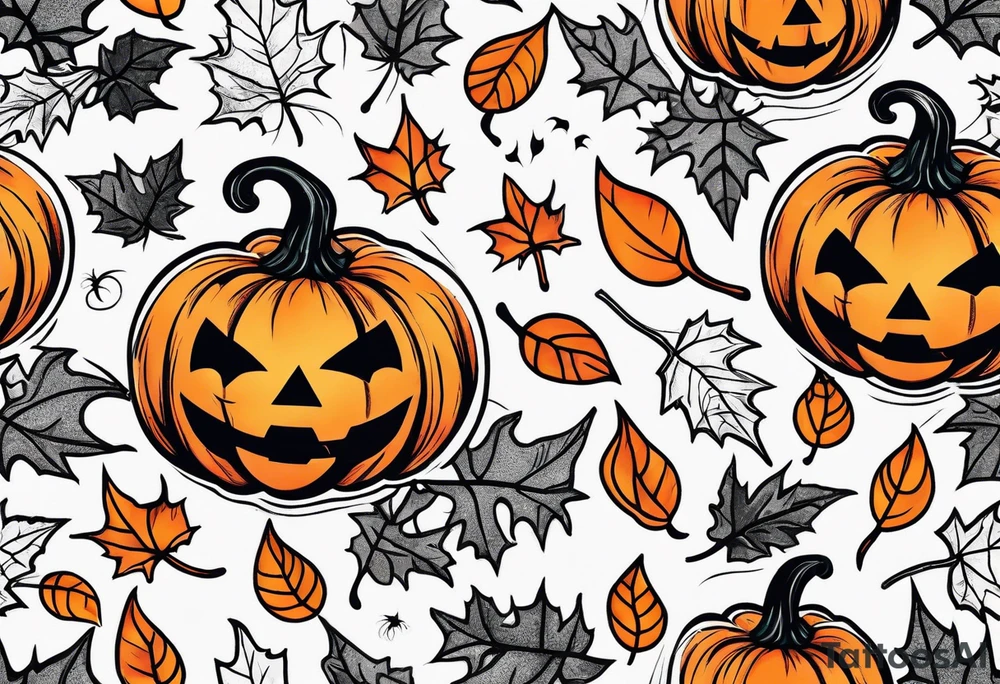 Halloween theme jack-o’-lantern ghost fall leaves bats tattoo idea