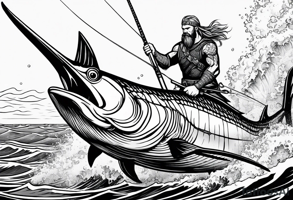 viking superhero catching a blue marlin with tuna jumping tattoo idea