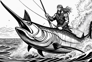 viking superhero catching a blue marlin with tuna jumping tattoo idea