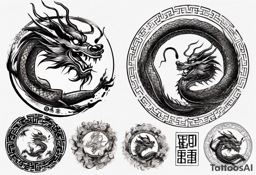 Chinese dragon in a circular shape with "02.03" written on its skin tattoo idea