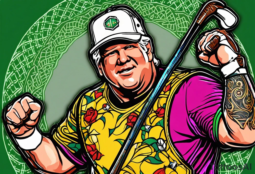 Golfer John Daly wearing the Infinity Gauntlet on one hand and holding a putter on the other hand on the 18th hole of the Masters. tattoo idea