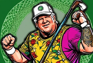 Golfer John Daly wearing the Infinity Gauntlet on one hand and holding a putter on the other hand on the 18th hole of the Masters. tattoo idea