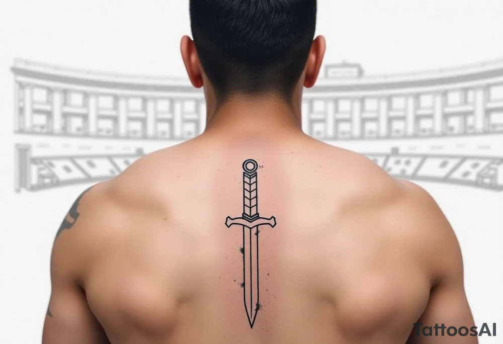 roman gladiator from behind near an arena with a short sword in his hand tattoo idea