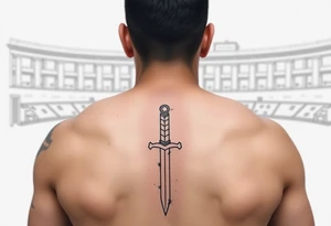 roman gladiator from behind near an arena with a short sword in his hand tattoo idea