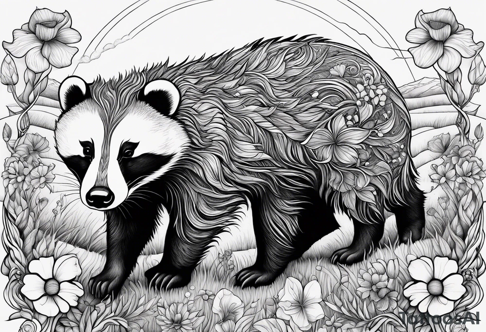 Trippy, badger with a cub in a field of flowers tattoo idea