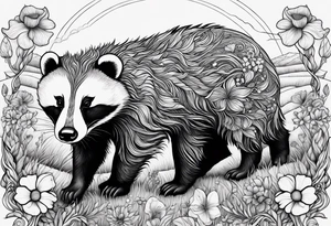 Trippy, badger with a cub in a field of flowers tattoo idea