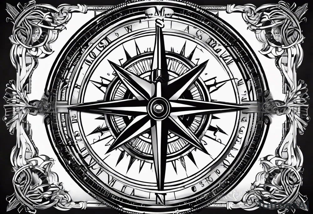 vintage compass with guy faux mask integrated. Slashed lettering for the navigational directions and long fencing swords as the arrows tattoo idea