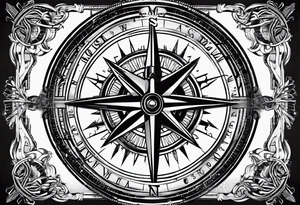 vintage compass with guy faux mask integrated. Slashed lettering for the navigational directions and long fencing swords as the arrows tattoo idea