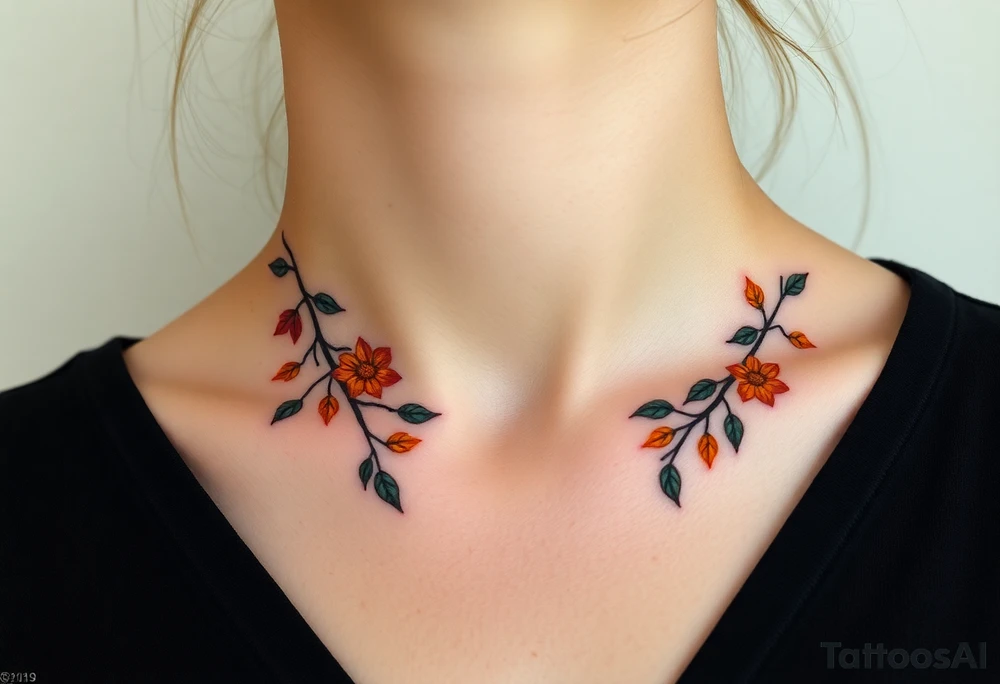 Two separate collarbone tattoos of long, stems and branches covered with red, orange, yellow and dark forest green leaves and flowers, academia, witchy, muted, delicate and gentle but moody, long and thin, following the collarbone. More muted, not so bright, darker colors. Fewer amount of leaves, larger leaves. Less flowers and leaves. tattoo idea
