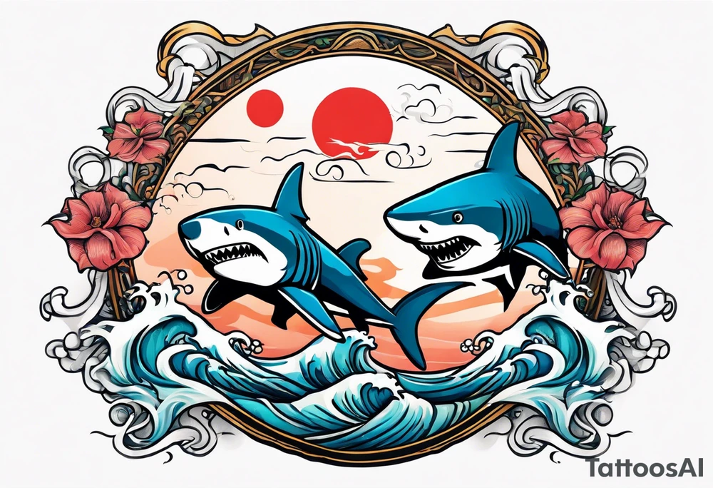 Two sharks Japanese waves with Pisces sign in middle tattoo idea