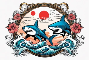 Two sharks Japanese waves with Pisces sign in middle tattoo idea