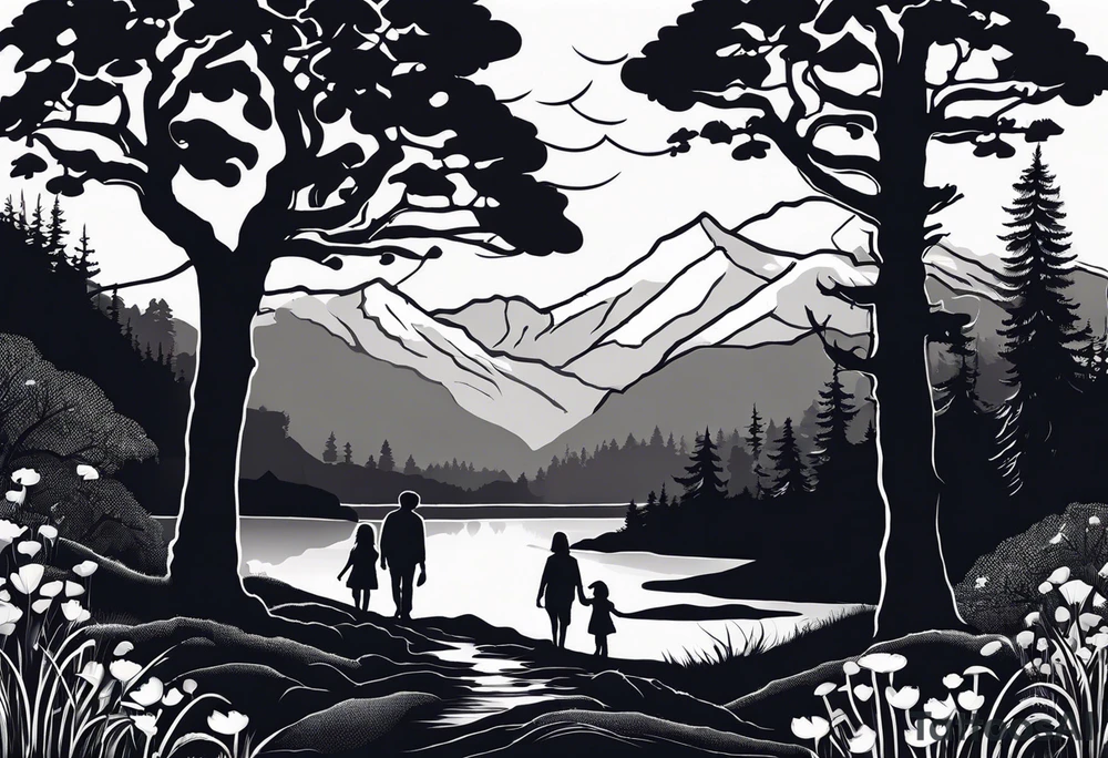 Family silhouette of a father, a mother, oldest son, middle daughter, and small daughter foraging mushrooms with mountains and creek in background tattoo idea