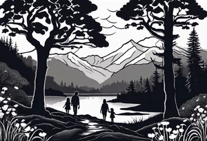 Family silhouette of a father, a mother, oldest son, middle daughter, and small daughter foraging mushrooms with mountains and creek in background tattoo idea