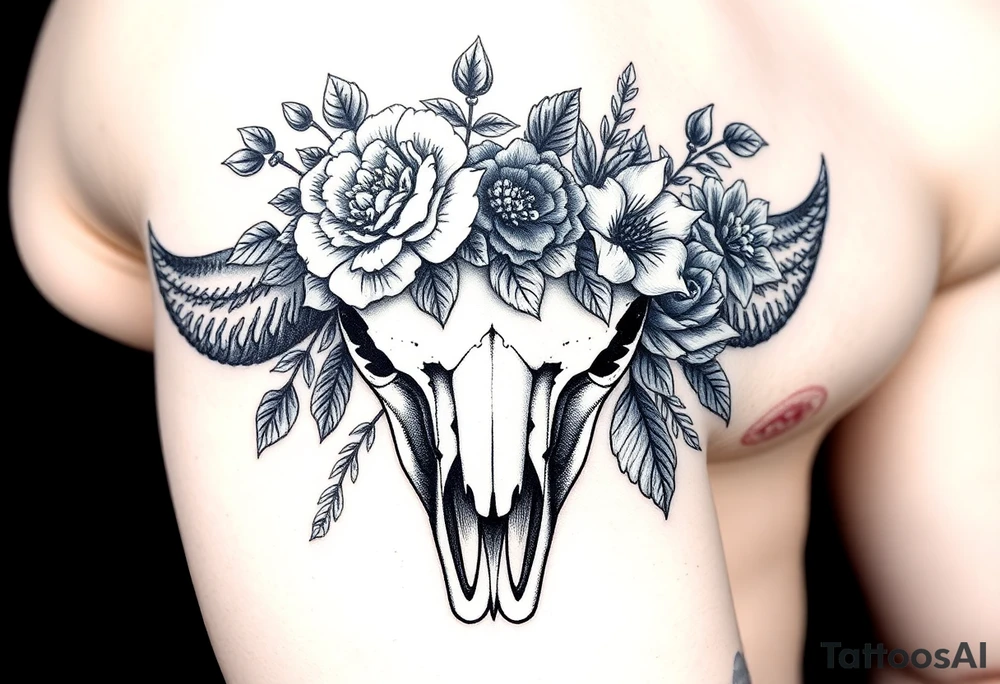 Buffalo or bison skull with flowers. Peony, snowdrop, holly with berries, larkspur, peony. Colour. For upper arm or shoulder. Masculin. tattoo idea