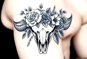 Buffalo or bison skull with flowers. Peony, snowdrop, holly with berries, larkspur, peony. Colour. For upper arm or shoulder. Masculin. tattoo idea