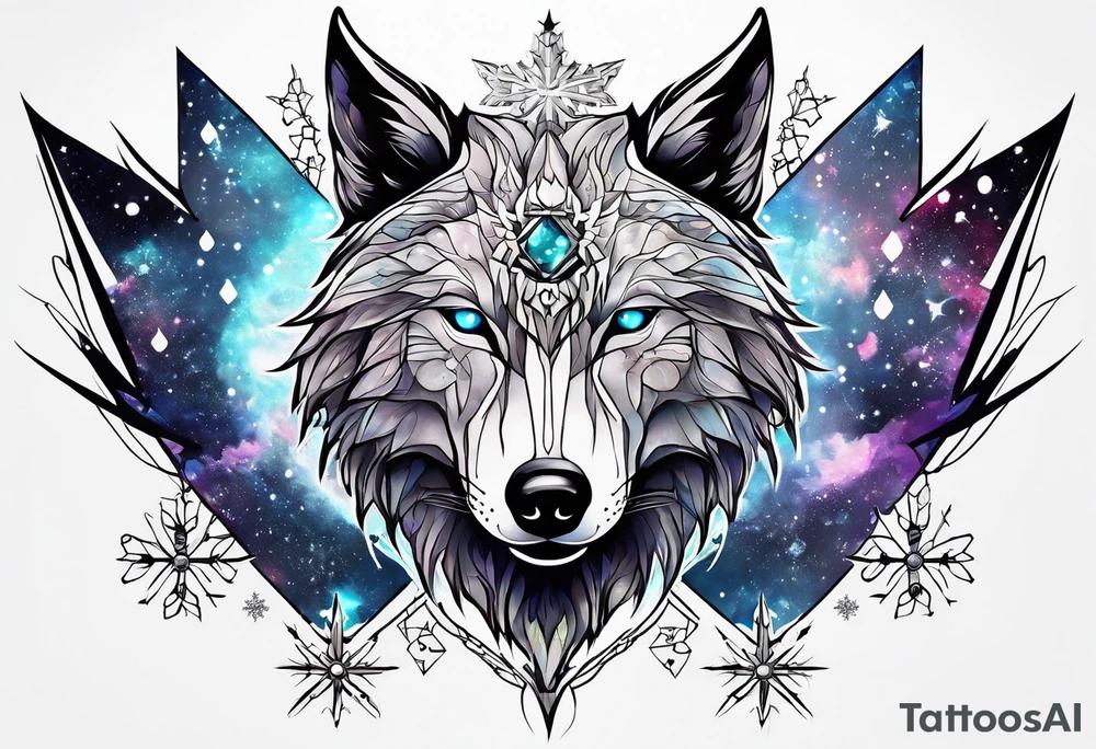 Constellation, two animal alien wolf, snowflake tattoo idea