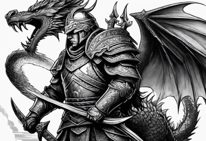 Helmeted Northern Warrior standing with sword held straight up and down and killing a dragon tattoo idea