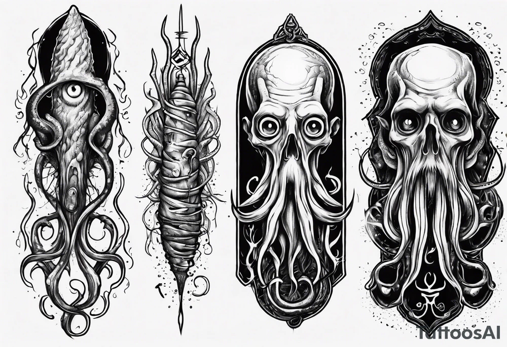 lovecraft long tattoo to put on the forearm, with eye and tentacle tattoo idea