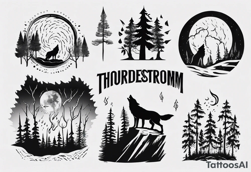 thunderstorm over a forest with a wolf howling on drums tattoo idea thunderstorm over a forest with a wolf howling on drums tattoo idea