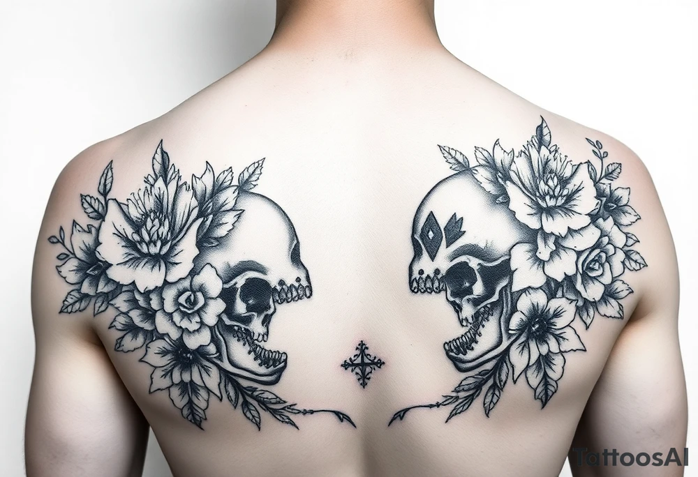 Feminie floral couple love tattoo with skulls tattoo idea