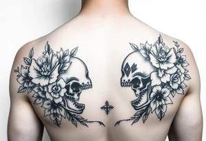 Feminie floral couple love tattoo with skulls tattoo idea