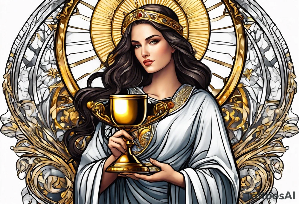 woman saint holding chalice surrounded by golden halo tattoo idea
