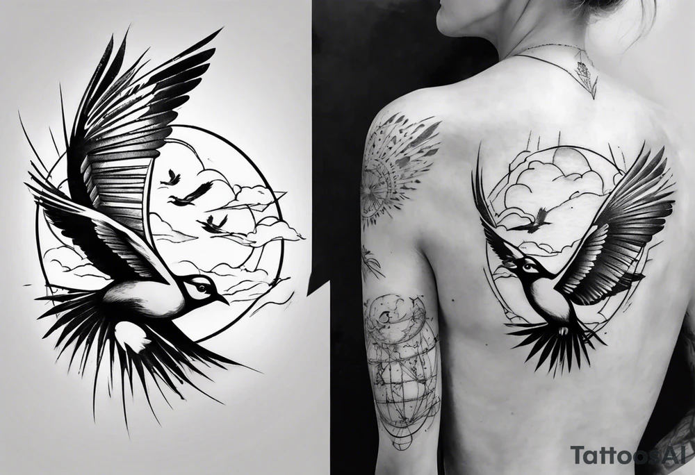 shoulder tattoo with light rays with birds flying free among the clouds, round shape tattoo idea