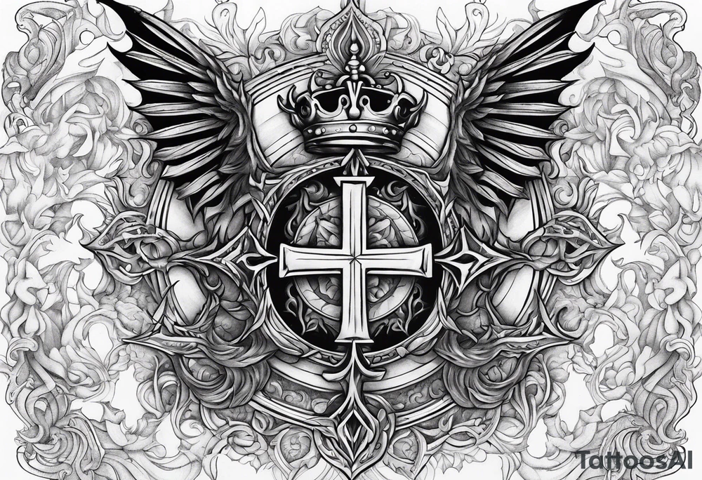 Cross with a crown around it with dragon wings and fire tattoo idea Cross with a crown around it with dragon wings and fire tattoo idea