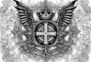 Cross with a crown around it with dragon wings and fire tattoo idea