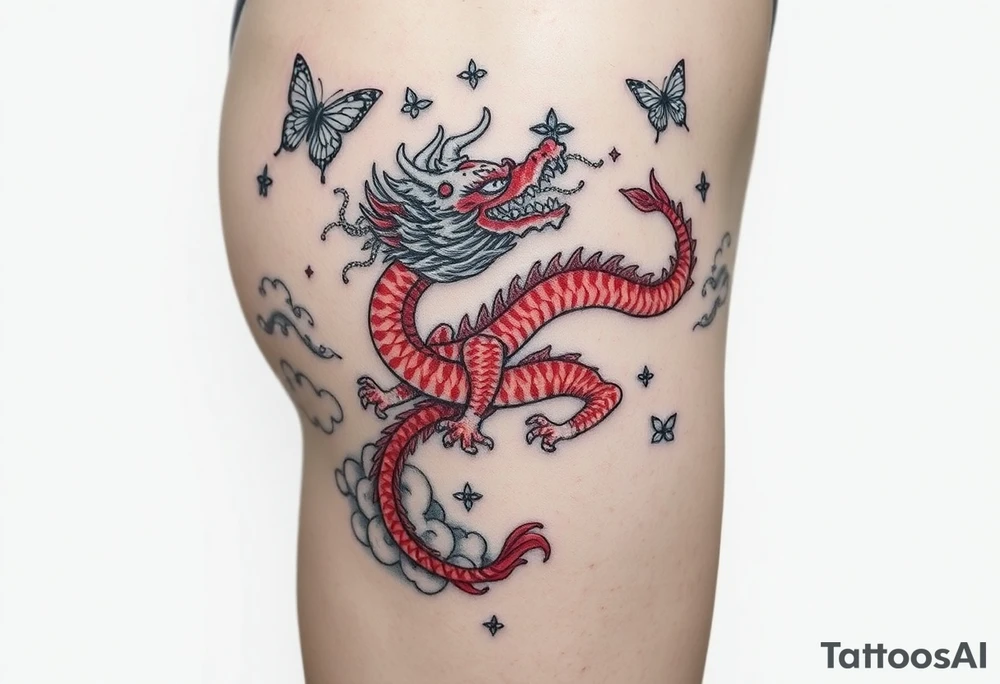 Red Chinese dragon thigh tattoo surrounded by clouds and butterflies.. make it cohesive tattoo idea