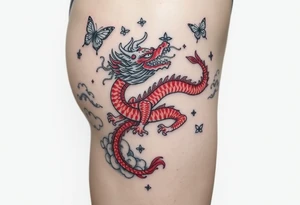 Red Chinese dragon thigh tattoo surrounded by clouds and butterflies.. make it cohesive tattoo idea
