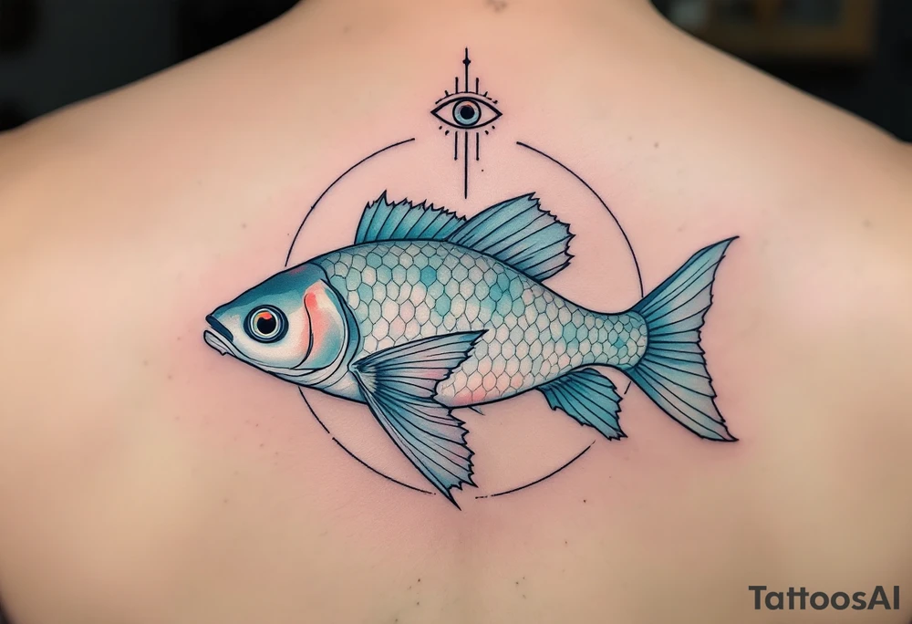 Spiritual River Catfish – A serene catfish with pearl-white and silver scales, its fins fading into soft watercolor washes of aqua and mint, floating beneath a spiritual eye symbol. tattoo idea