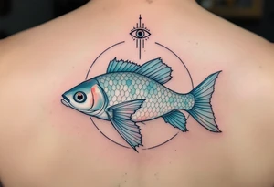 Spiritual River Catfish – A serene catfish with pearl-white and silver scales, its fins fading into soft watercolor washes of aqua and mint, floating beneath a spiritual eye symbol. tattoo idea