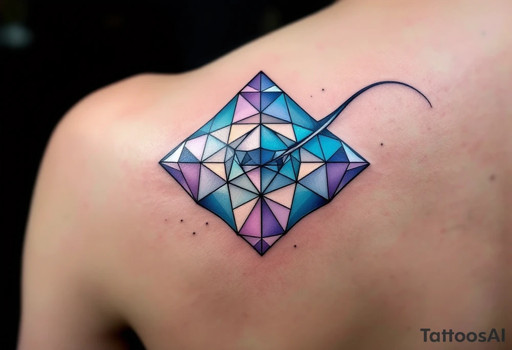 A graceful ray fish glides through deep turquoise waters, its diamond-shaped body shimmering in gradients of silvery blue and soft lavender, with delicate dark spots trailing along its gently undulating wings. tattoo idea