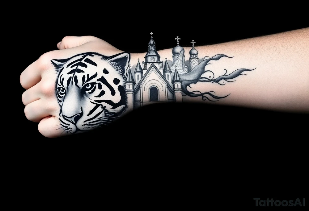 in a dorsal view of the hand and forearm a tiger face on the hand with black hollowed eyes, then above this a orthodox church shrouded with a mist and fading into a virgin mary overlooking tattoo idea