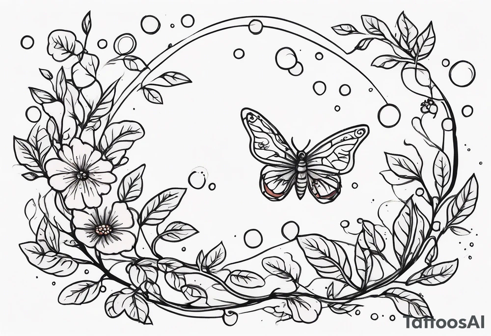 Winding branches and leaves and tiny flowers with a small moth and bubbles tattoo idea