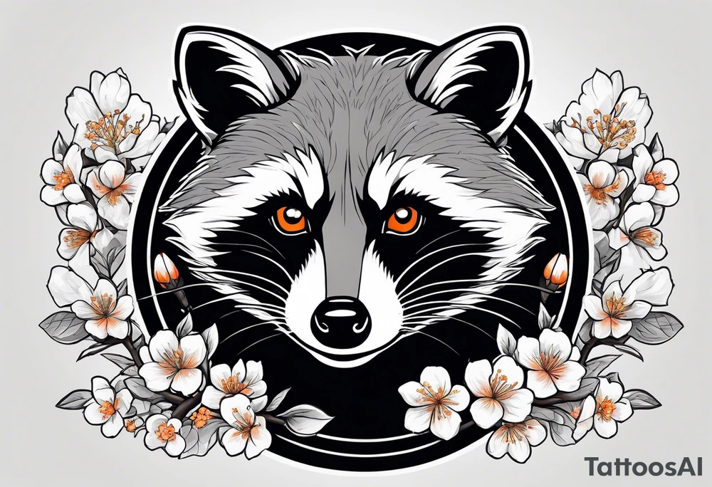 Raccoon wearing a white Superman logo on a black hoodie and orange Japanese cherry blossoms tattoo idea