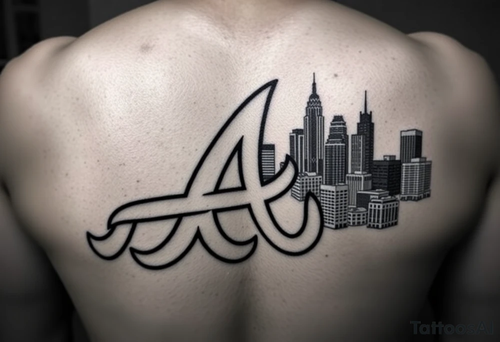 Atlanta Braves letter logo “A” overlapping the Atlanta skyline in the back on the right. The buildings as concise and jam packed parallel the logo. tattoo idea