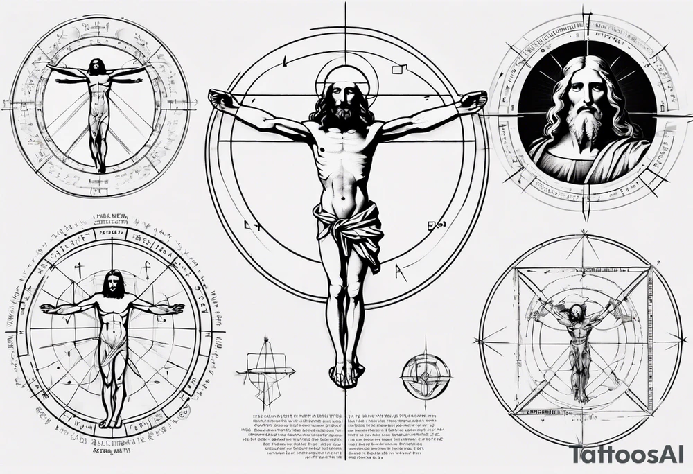 Leonardo da Vinci, Vitruvian man  and Jesus combined with emphasis on math and physics tattoo idea