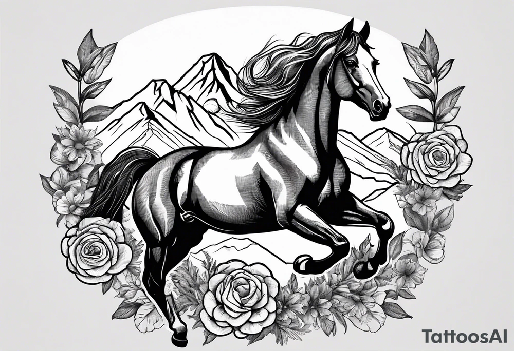 bucking horse, mountains background, flowers, western tattoo idea