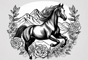 bucking horse, mountains background, flowers, western tattoo idea
