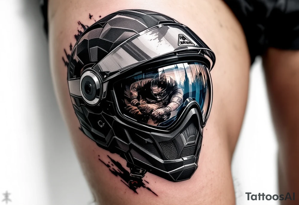 Modern Helmet with Visor Reflection – Sleek black hokey helmet with a glossy visor reflecting a skating opponent in shades of gray and blue. tattoo idea