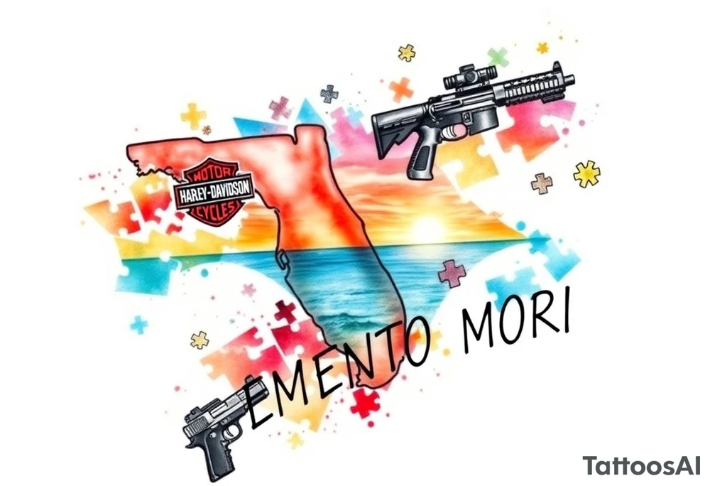 colorful futuristic memory tattoo for passed boyfriend; Florida, gulf coast water, Harley Davidson, skateboarding, puzzle pieces, video games, heaven, god, outdoors, guns, disc golf, words "MEMENTO MORI" tattoo idea