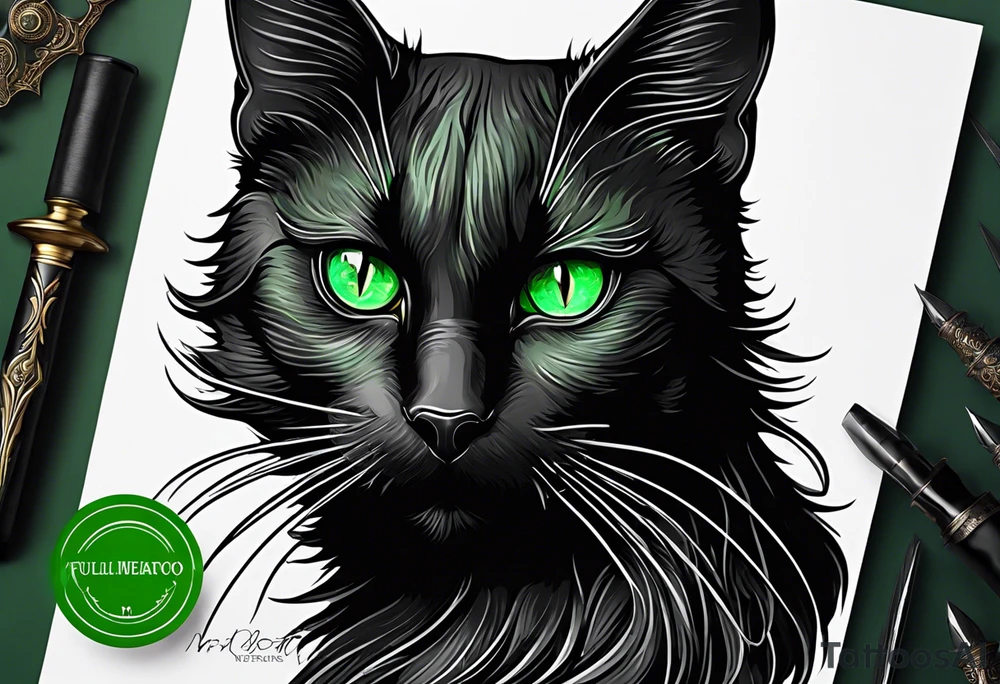 Black cat with green eyes hissing with its tail wrapped around a sword tattoo idea