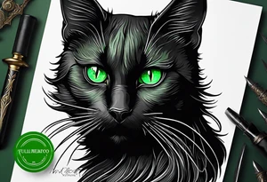 Black cat with green eyes hissing with its tail wrapped around a sword tattoo idea