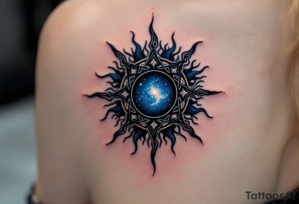 Rendered in deep indigo and black, this Celtic sun reflects night-sky strength and spiritual power. tattoo idea