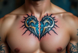 A metallic heart split down the middle, rusting at the edges with neon blue circuitry exposed inside, symbolizing a lost but once-powerful connection. tattoo idea