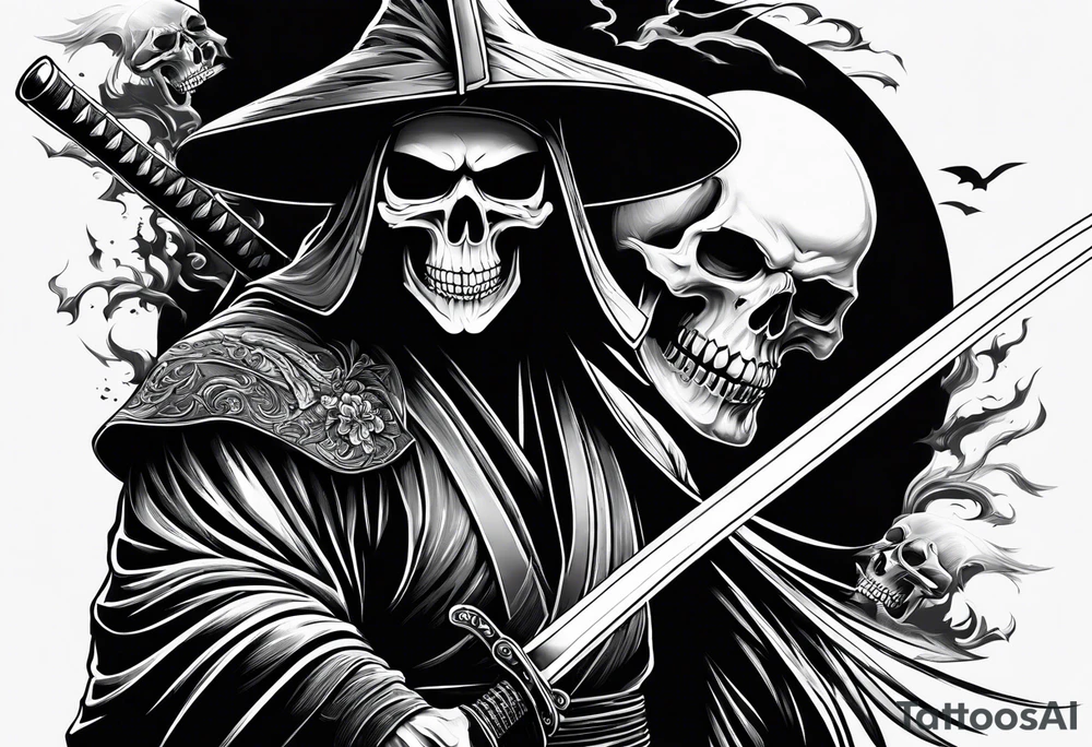 katana with grim reaper and skull tattoo idea
