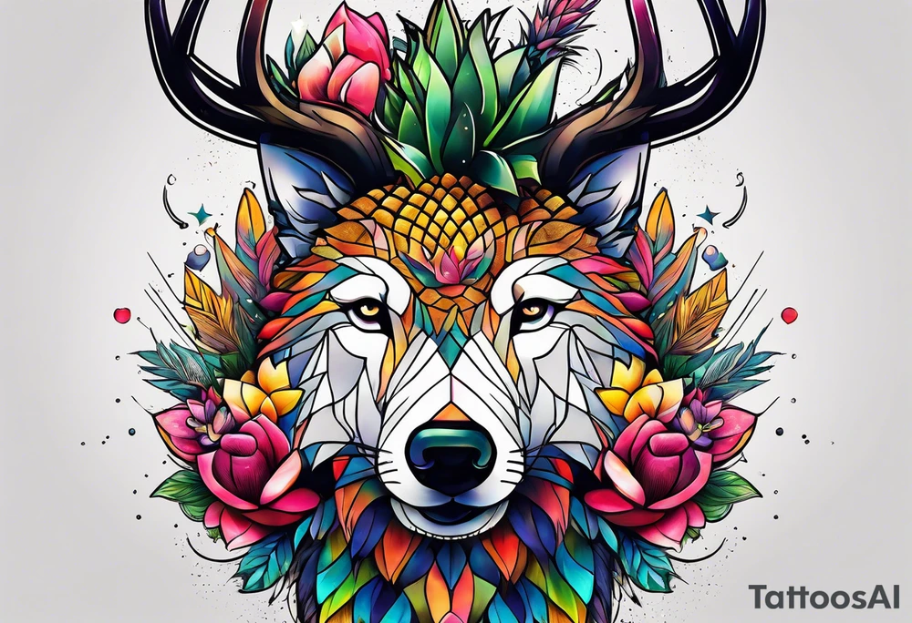 Stag and wolf in Amsterdam featuring colours of the universe and galaxies and amsterdam in the shape of a pineapple tattoo idea