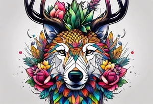 Stag and wolf in Amsterdam featuring colours of the universe and galaxies and amsterdam in the shape of a pineapple tattoo idea